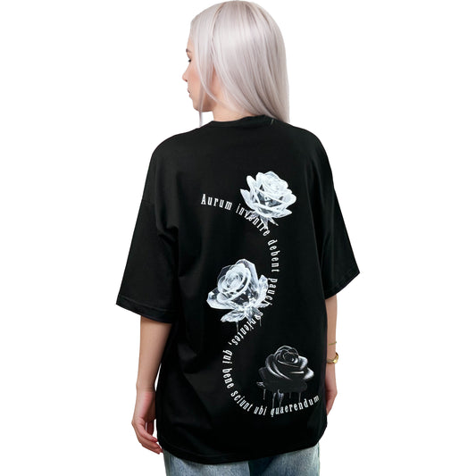 RF Crystal Roses - Mid Oversize Black T-Shirt Woman